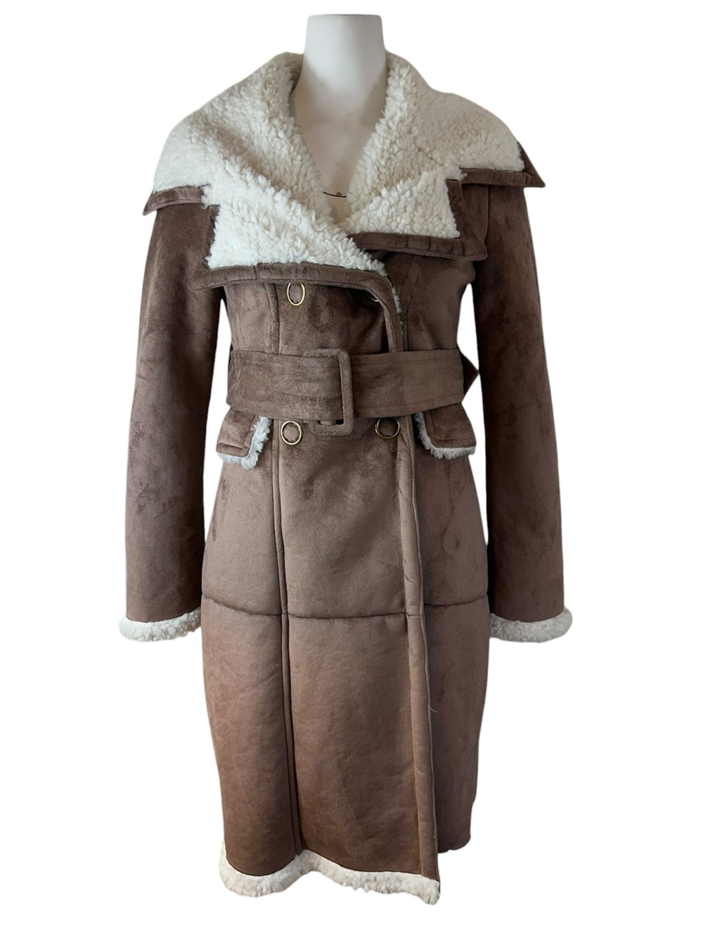 Bebe Faux Shearling Suede Belted Coat Sherpa Trim Brown Ivory Sz XS